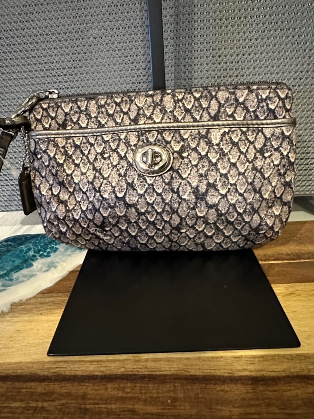Coach Metallic Snake-Print Wristlet in Silver and Black
